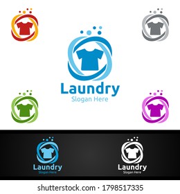 Laundry Dry Cleaners Logo with Clothes, Water and Washing Concept