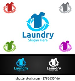 Laundry Dry Cleaners Logo with Clothes, Water and Washing Concept
