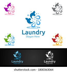 Laundry Dry Cleaners Logo with Clothes, Water and Washing Concept