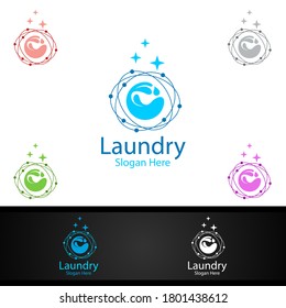 Laundry Dry Cleaners Logo with Clothes, Water and Washing Concept