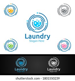 Laundry Dry Cleaners Logo with Clothes, Water and Washing Concept