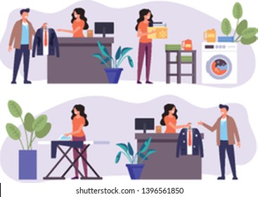 Laundry and dry cleaning clothes service steps illustration. Vector flat cartoon graphic design