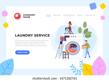 Laundry and dry cleaning clothes service steps banner poster illustration. Vector flat cartoon graphic design
