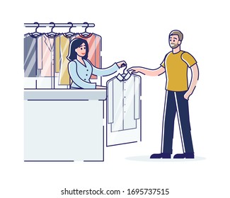 Laundry And Dry Cleaning Concept. Girl Laundry And Dry Cleaner Worker Giving To Man Washed Clean Suit. Self Service And Modern Interior With Clothes. Cartoon Linear Outline Flat Vector Illustration