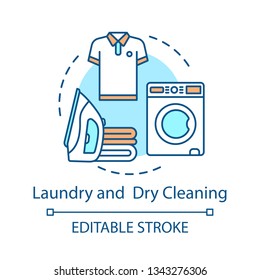 Laundry and dry cleaning concept icon. Suites amenities idea thin line illustration. Cruise ship services. Iron, washing machine and clean clothes. Vector isolated outline drawing. Editable stroke