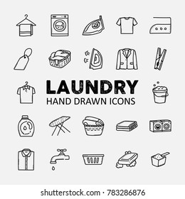 Laundry and dry cleaning hand drawn doodle icons set with washing machine, basket, shirt, iron, blazer, pin, detergent, soap, washing powder.