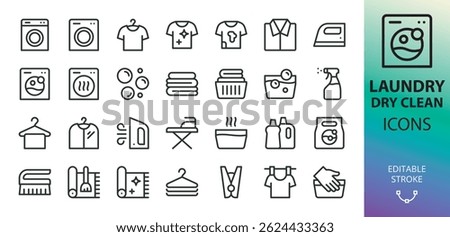 Laundry, dry cleaning icons set. Set of washing machine, ironing, drying clothes, carpet cleaning, washing powder, clothespin vector icon with editable stroke