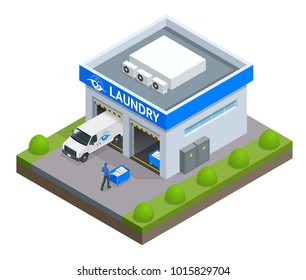 Laundry and dry cleaning isometric concept with washing machines and iron Laundry service vector illustration