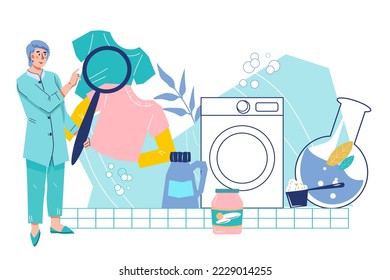 Laundry and dry cleaning service banner template, flat vector illustration isolated on white background. Professional checks the quality of washing and cleaning clothes.