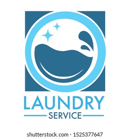 Laundry and dry cleaning services, sparkling circle of washing machine, washer door with splashing clean water inside, blue logo for professional cleaning company, illustration on white background