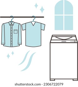 Laundry drying indoors Simple line drawing illustration material