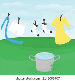 laundry is drying on the lawn. The concept of clean linen and hygiene. Vector illustration in a flat style