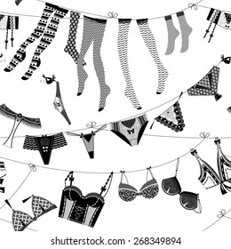 Laundry drying on a washing lines. Black and white lingerie. Seamless background pattern. Vector illustration.