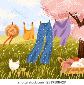 Laundry drying outdoors on clothesline in countryside. Fresh clothes hanging with clothespins, swaying in breeze. Rural nature, serene country landscape on summer day. Flat vector illustration