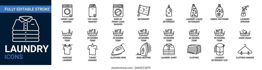 Laundry conjunto de ícones de linha editável. Arruela, ferro, sinal de vetor de temperatura