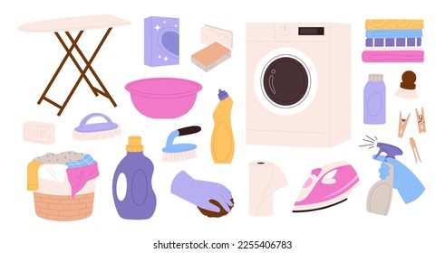 Laundry elements collection, washer, wash powder in box and cleaning spray. Paper towel and soap, dirty clothes basket. Cartoon house clean racy vector clipart