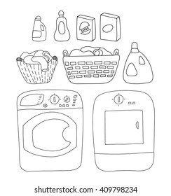 Laundry elements set, washer and dryer. detergents, basket of laundry, cartoon style vector illustration