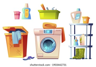 Laundry equipment, bathroom stuff washing machine, basket for dirty linen, shelf for detergents, toolbox with diy instruments, rubber boots isolated on white background. Cartoon vector illustration