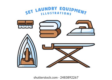 laundry equipment colorful illustration with clothes, iron press, iron board, wash brush symbol for laundry, clean wash and care business