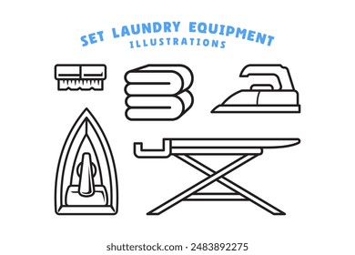 laundry equipment outline illustration with clothes, iron press, iron board, wash brush symbol for laundry, clean wash and care business