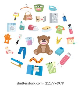 Laundry equipment with Teddy doll iron board clothespin wash machine drying machine ironing machine basket chemistry cleaning glove , vector flat style.