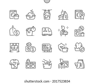 Laundry. Express cleaning. Best washing machine. Laundry sale. Eco friendly wash. Pixel Perfect Vector Thin Line Icons. Simple Minimal Pictogram