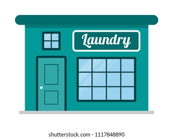 Laundry. The facade of the house is in a flat style. The front side of the building. Simple, cute, stylish drawing. Vector illustration in shades of blue color isolated on white background.