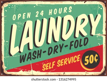 Laundry fifties comic style retro sign banner. Washing clothes promotional poster design on old rusty metal plate. Vector laundry illustration.