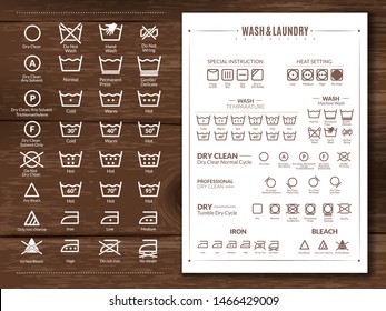 Laundry flat icons illustration on wooden background white signs on a dark surface and wash launder symbols poster