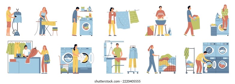 Laundry flat set with people do washing at home launderette ironing dry cleaners isolated vector illustration