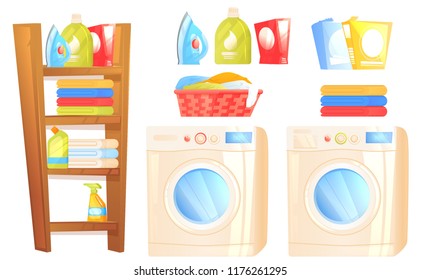 Laundry furniture object. Washer machine, iron, washing powder, shelves with household things for cleaning the house and towels. Vector cartoon illustration