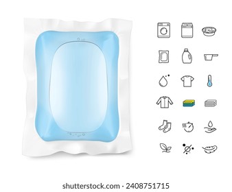 Laundry gel capsule pod for washing machine with set icons. Vector illustration isolated on white background.  Ready for your design. EPS10.