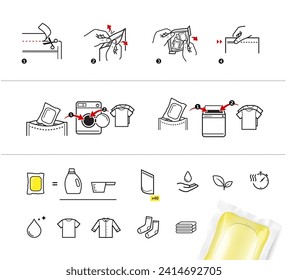 Laundry gel capsule pod for washing machine with set icons. Vector illustration isolated on white background. Ready for your design. EPS10.	