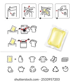 Cápsula de gel de lavandaria pod para máquina de lavar com ícones definidos. Ilustração vetorial isolada sobre fundo branco. Os ícones da estrutura de tópicos são bem escaláveis e editáveis.Pronto para o seu design. EPS10