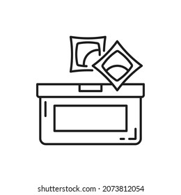 Las tabletas de gel de lavado o las pestañas de lavavajillas aislan el icono de la línea delgada. Paro vectorial de cápsulas de plástico con detergente de lavado y limpieza, vainas limpiadoras de lavavajillas y recipientes o envases, jabón químico