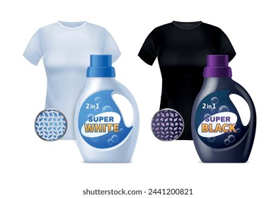 Wäschegele. Weißes und schwarzes T-Shirt, Plastikflaschen mit Reinigungsmittel für Kleidung, Stofffasern. Waschgel-Werbebannervorlage. Branding von Waschmittelprodukten. Vektorsatz