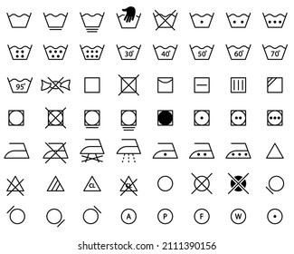 Laundry Guide Line Icon Set. Laundry Care and Wash Information Symbol. Machine and Hand Wash, Dry, Cleaning Cotton Cloth, Use Iron Outline Icon. Editable Stroke. Isolated Vector Illustration.