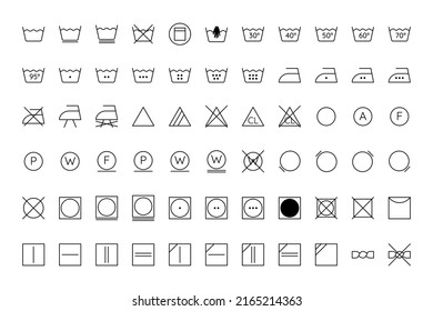 Laundry guide. A set of symbols, icons and icons with descriptions for washing, drying and ironing. Used for clothes and fabrics. Vector illustration with editable stroke.