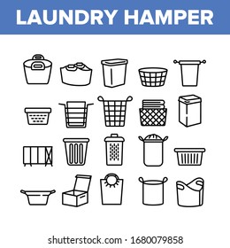 Laundry Hamper Basket Collection Icons Set Vector. Laundry Hamper And Bag For Dirty Clothes, Container And Package Textile Storaging Concept Linear Pictograms. Monochrome Contour Illustrations