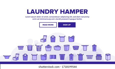 Laundry Hamper Basket Landing Web Page Header Banner Template Vector. Laundry Hamper And Bag For Dirty Clothes, Container And Package Textile Storaging Illustrations