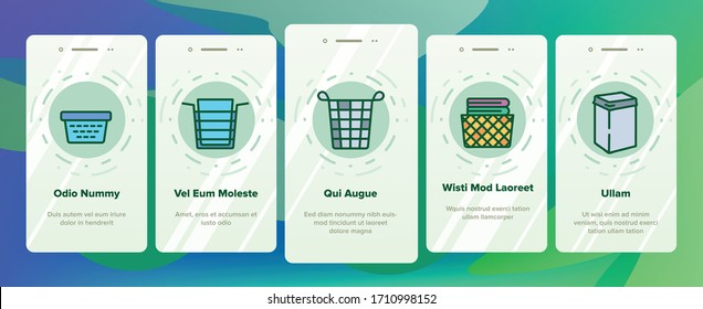 Laundry Hamper Basket Onboarding Icons Set Vector. Laundry Hamper And Bag For Dirty Clothes, Container And Package Textile Storaging Illustrations