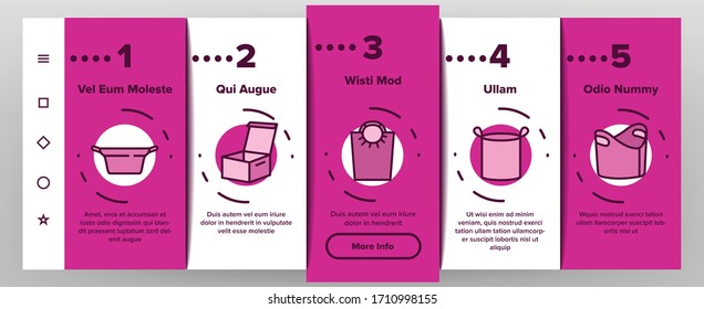 Laundry Hamper Basket Onboarding Icons Set Vector. Laundry Hamper And Bag For Dirty Clothes, Container And Package Textile Storaging Illustrations