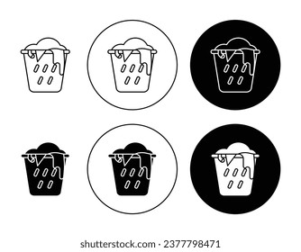Laundry hamper icon set in black filled and outlined style. Clothes basket vector symbol for ui designs.