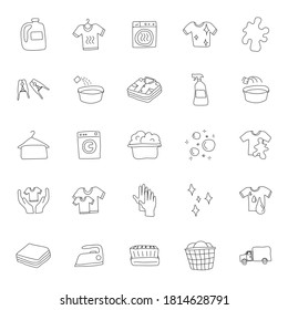 doodles lineales dibujados a mano en lavado aislados en fondo blanco.juego de iconos de lavandería para diseño web y ui, aplicaciones móviles e impresos