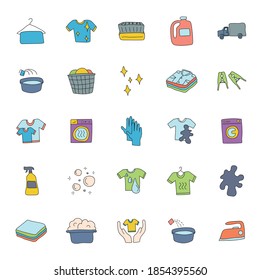 laundry hand drawn linear doodles isolated on white background.laundry icon set for web and ui design, mobile apps and print products
