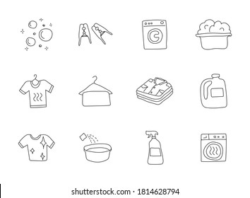 laundry hand drawn linear vector icons isolated on white background. laundry doodle icon set for web and ui design, mobile apps and print products