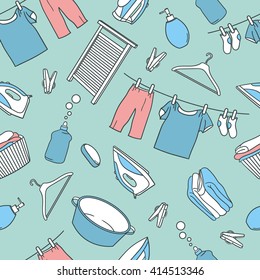 Laundry hand drawn seamless pattern. Sketch objects vector. Doodle illustration background. Set of laundry symbols