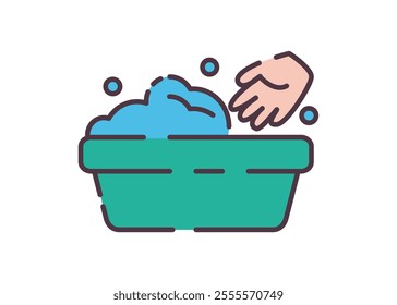 Laundry hand wash icon illustration. Flat line color icon of a fun illustration depicting handwashing, highlighting hygiene and cleanliness. Colored outline icon.