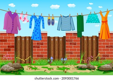 Laundry hanging on a clothesline over fence. Washing line and clothes in garden. Drying laundry in backyard. Clean clothes hanging on rope with clothespins in the yard. Stock vector illustration