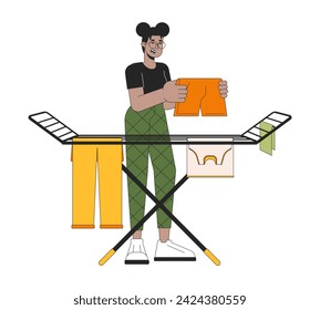 Wäsche hängt auf Rack Line Cartoon flache Illustration. Afroamerikanisches Mädchen 2D Lineart Charakter isoliert auf weißem Hintergrund. Reduzieren Sie den Stromverbrauch. Energie sparen Homeszene Vektor-Farbbild